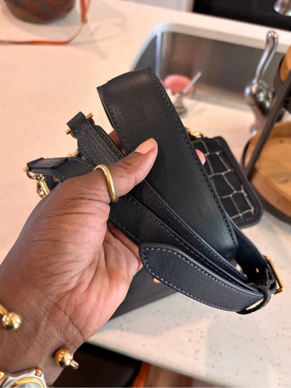 Draper James Dark Blue Croc-Embossed Top Handle Bag with Gold Hardware